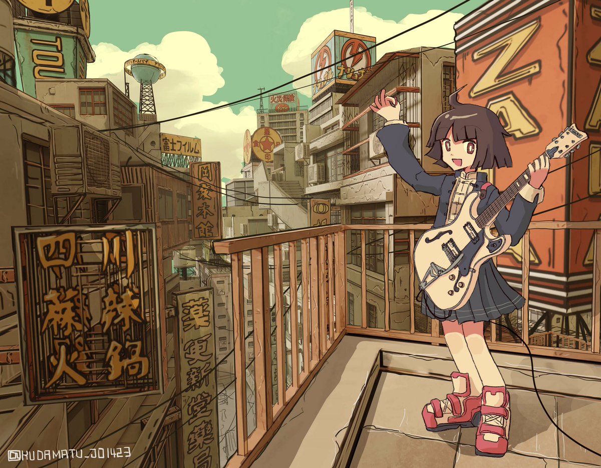1girl instrument solo guitar skirt short hair outdoors  illustration images