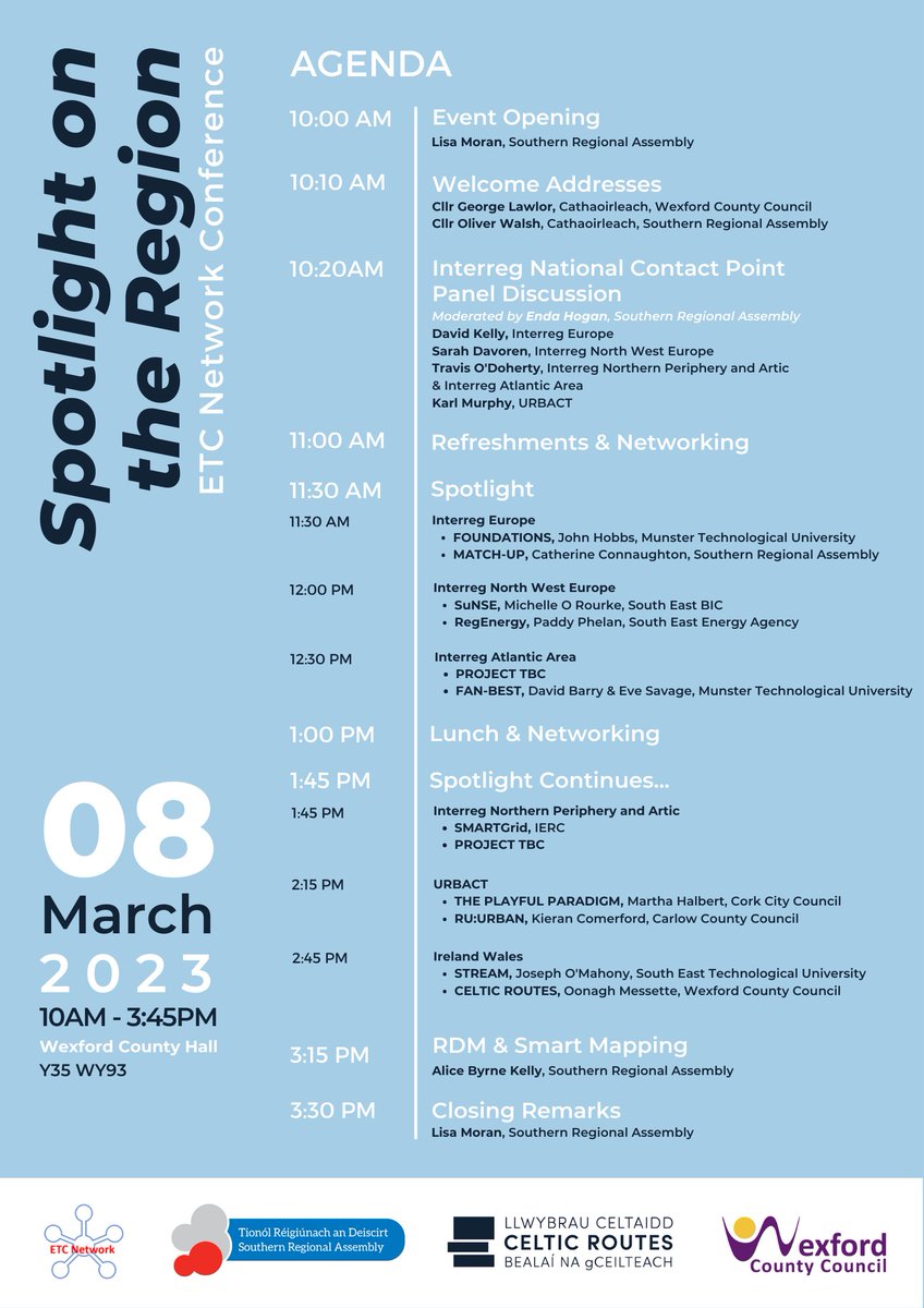 SouthernAssembl's tweet photo. The countdown is on for ‘Spotlight on the Region’ the ETC Network Conference, have you registered?
📅 8 March
📍Wexford County Hall
Agenda 👉 https://t.co/hbxsfdOJRo
Register here 👉 https://t.co/Pa9IKvPAhU https://t.co/wyGuZpPxXe