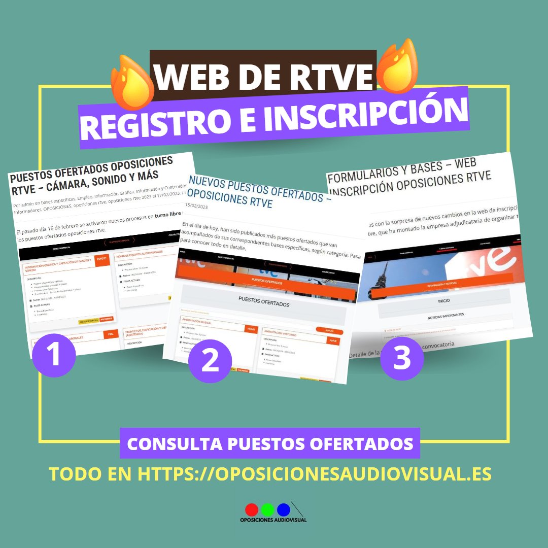 ⚠️📮 PUESTOS OFERTADOS OPOSICIONES RTVE – CÁMARA, SONIDO Y MÁS

El pasado día 16 de febrero se activaron nuevos procesos en turno libre. Hacemos un repaso por todo lo que se ha ido publicando. 

El 03/03/2023 parece ser la fecha límite para inscribirse.

🔴oposicionesaudiovisual.es