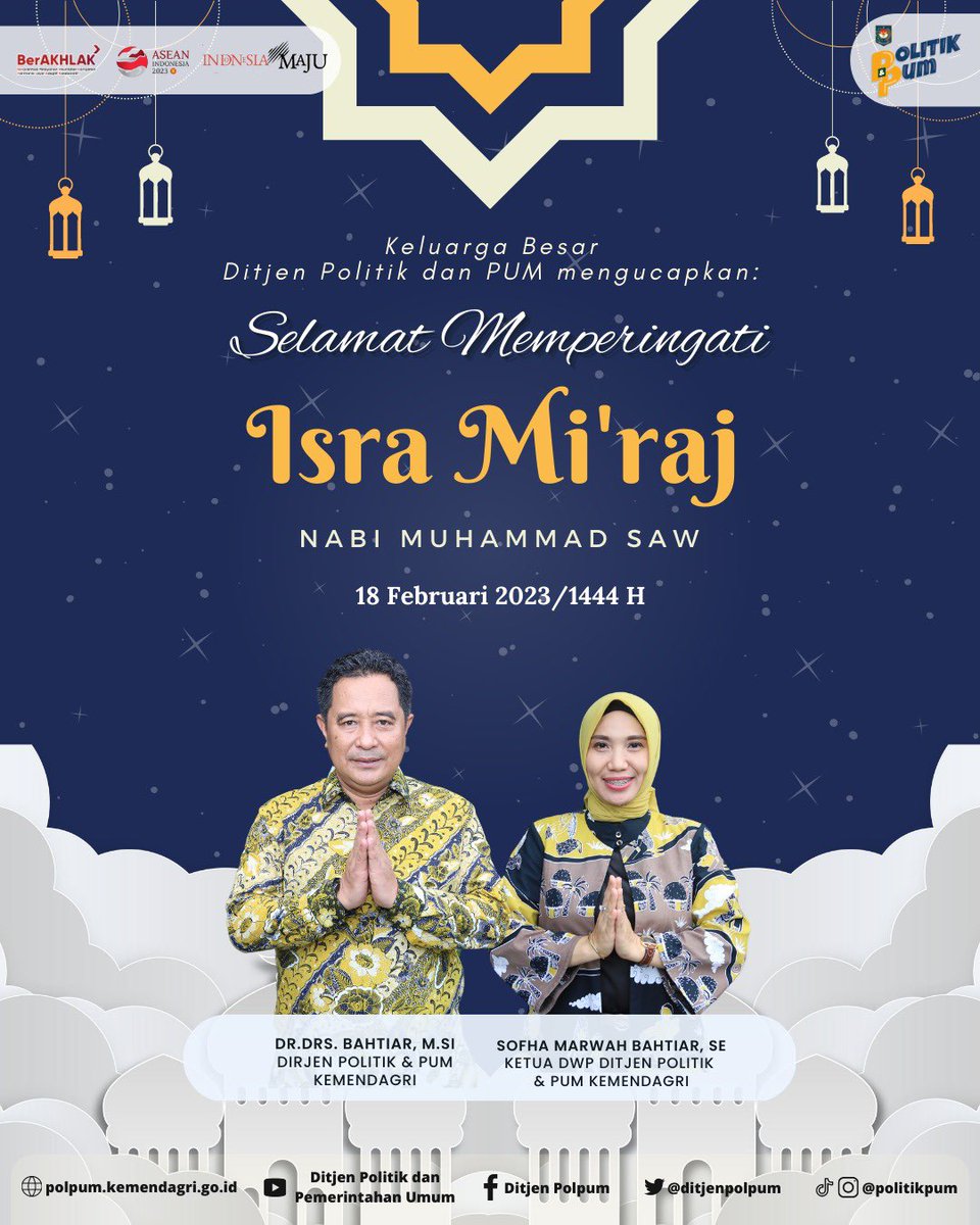 ditjenpolpum's tweet photo. Keluarga besar Ditjen Politik dan PUM mengucapkan Selamat Memperingati Isra' Mi'raj Nabi Muhammad SAW, 1444 Hijriyah
Mari jadikan syafaat Rasulullah SAW untuk memperbaiki diri, tauladan dan pembelajaran bagi kita untuk menjadi lebih baik 🙏🏻

#akrabpolitik https://t.co/zbazn6QscF