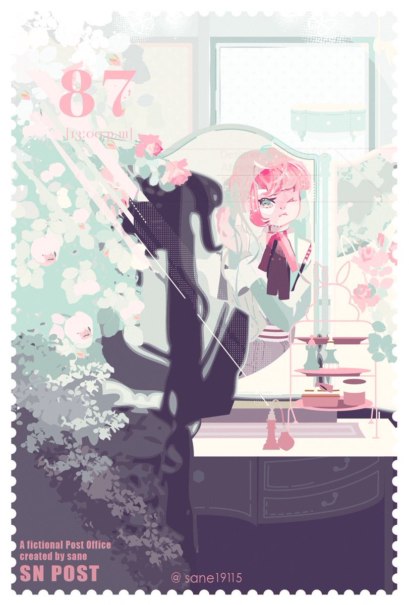 1girl solo flower pink hair reflection plant bangs  illustration images
