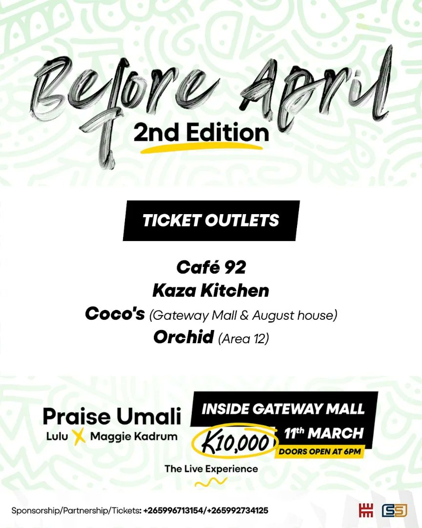 Praise_Umali's tweet photo. Tickets are out on SALE now!!!

Grab your tickets from the outlets on the flyer

Coco's (Gateway Mall &amp; August House)
Café 92
Orchid (Area 12)
Kaza Kitchen 
#BeforeApril https://t.co/RqeeIc5GrS