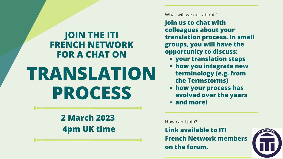 Join us to chat with #colleagues about your translation process. In small groups you will have the opportunity to discuss:

- your TranslationProcess
- how you manage #terminology 
- how your process has evolved over the years
- and more!

Link on our #forum - #members only