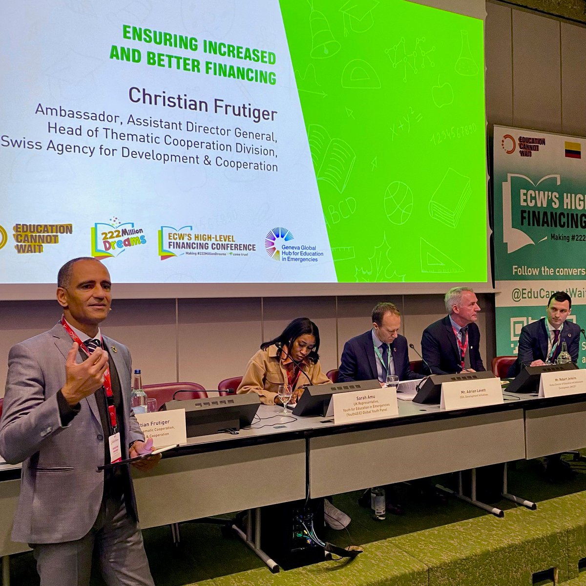 swiss_un's tweet photo. "To close the funding gap for #education in emergencies, we need innovative multi-stakeholder approaches as well as better tracking of funding data",  said @SwissDevCoop Christian Frutiger in discussion with #Youth4EiE 
#HLFC2023 https://t.co/Wi0pq3LMAD