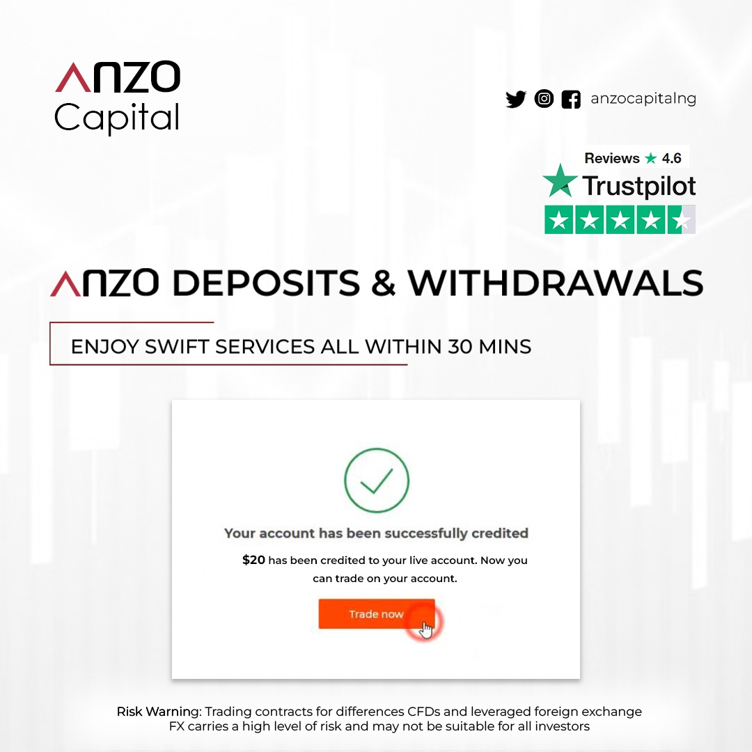 anzocapitalng's tweet image. 🏷 Enjoy swift deposits &amp;amp; withdrawals when trading with Anzo Capital.

▪ Deposits &amp;amp; withdrawals processed in under 30mins 
▪ deposit rate = withdrawal rate... no spread.

🌐 Visit anzocapital.com
The Premier Destination for Traders.

#forex #forexbroker #swiftservices