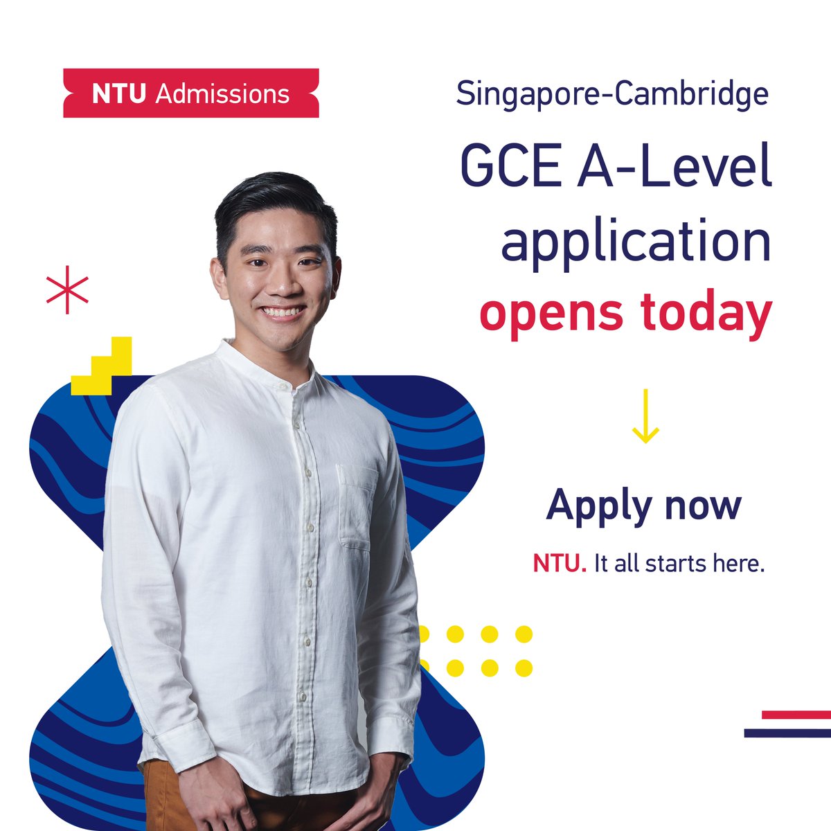 Application for #admissions to Academic Year 2023-24 is now open for applicants with Singapore-Cambridge GCE 'A' Level. Closing date for the application window is 19 March 2023. 

Visit our campus on 25 Feb from 10am to 5pm to explore your choices! 🔗 ntu.edu.sg/admissions/und…