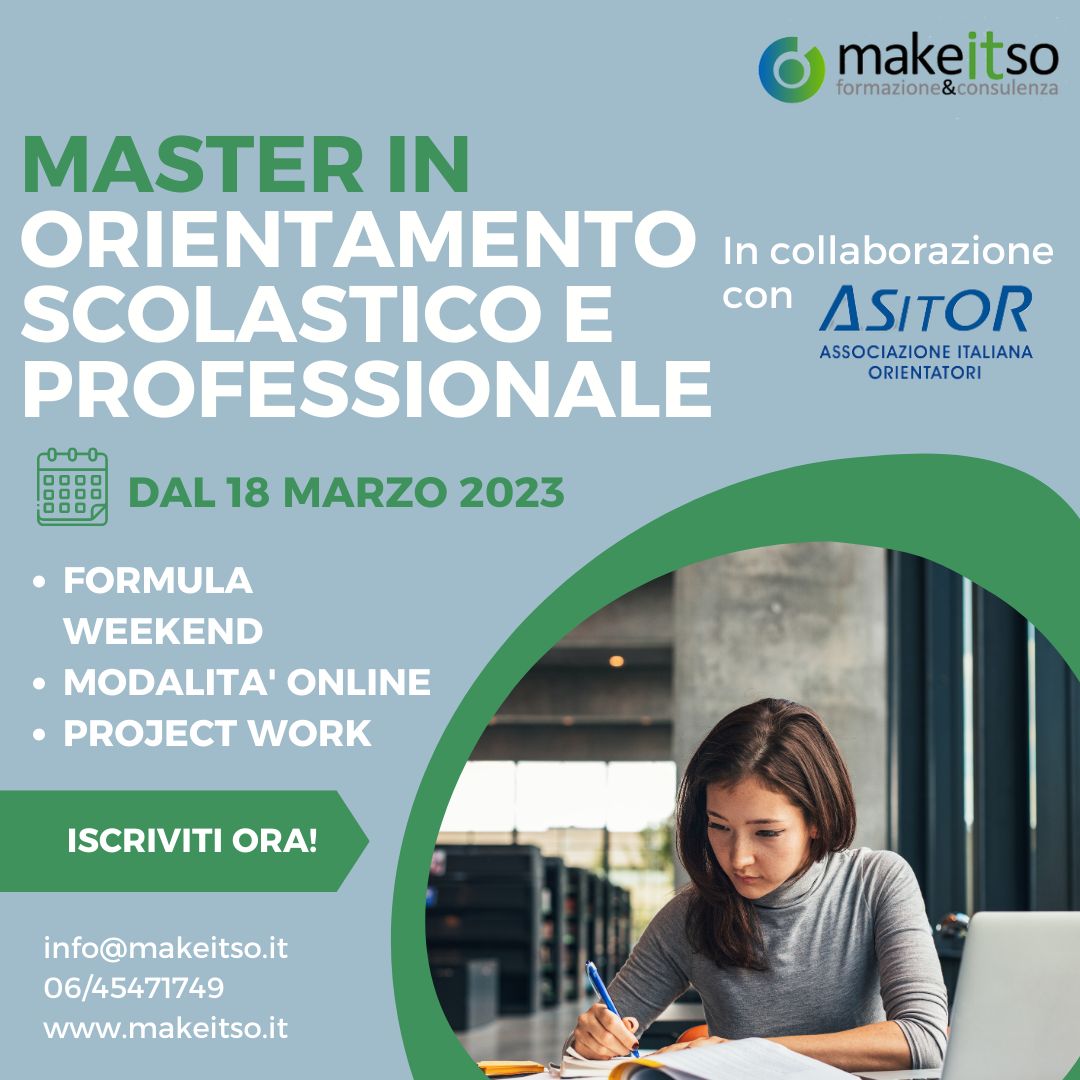 MakeitSoMaster's tweet image. Il #Master in orientamento scolastico e professionale, in partenza il 18 marzo 2023, ha l’obiettivo di preparare alla professione di specialista per l’ #orientamentoscolastico e per l’ #orientamentoprofessionale.