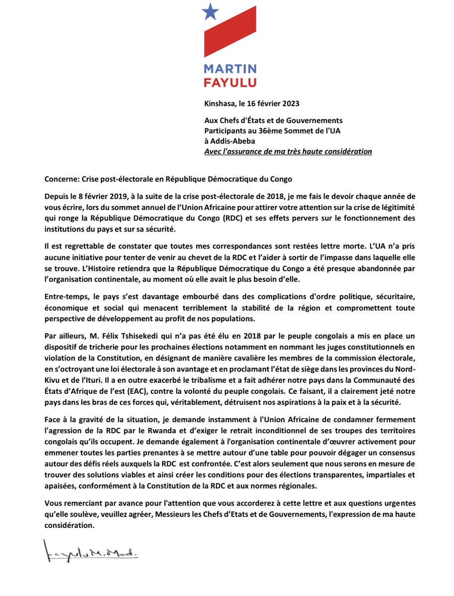 MartinFayulu's tweet image. Ci-dessous, ma lettre aux Chefs d’Etat et de gouvernements participants au 36ème sommet de l’UA. Je regrette que l’UA n’ait, à ce jour, pris aucune initiative pour venir au chevet de la #RDC et l’aider à sortir de l’impasse dans laquelle elle se trouve.
