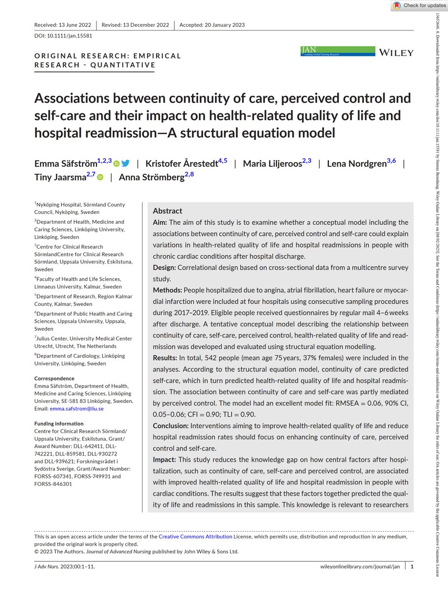 Delighted to share our article on how #continuity, #selfcare and perceived control, are associated with ⬆#HrQoL and ⬇️#readmission in people with cardiac conditions. 🙏to @DrJaarsma @prof_stromberg @MartorMaria Kristofer Årestedt and Lena Nordgren 👉doi.org/10.1111/jan.15…