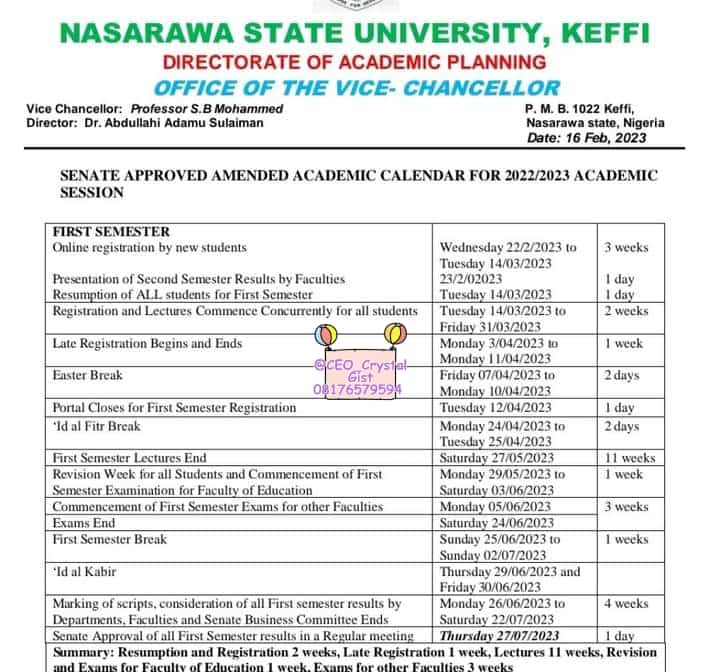 CEO_CrystalGist's tweet photo. #Updated: The NSUK Senate has Approved the Proposed Calendar for 22/23 Academic Session with no single change to it.
Goodluck to NSUK Students🥴
#CrystalGistMedia
#TeamNSUKGuide
#CBN
#NairaScarcity https://t.co/pGCWH4z9Rd