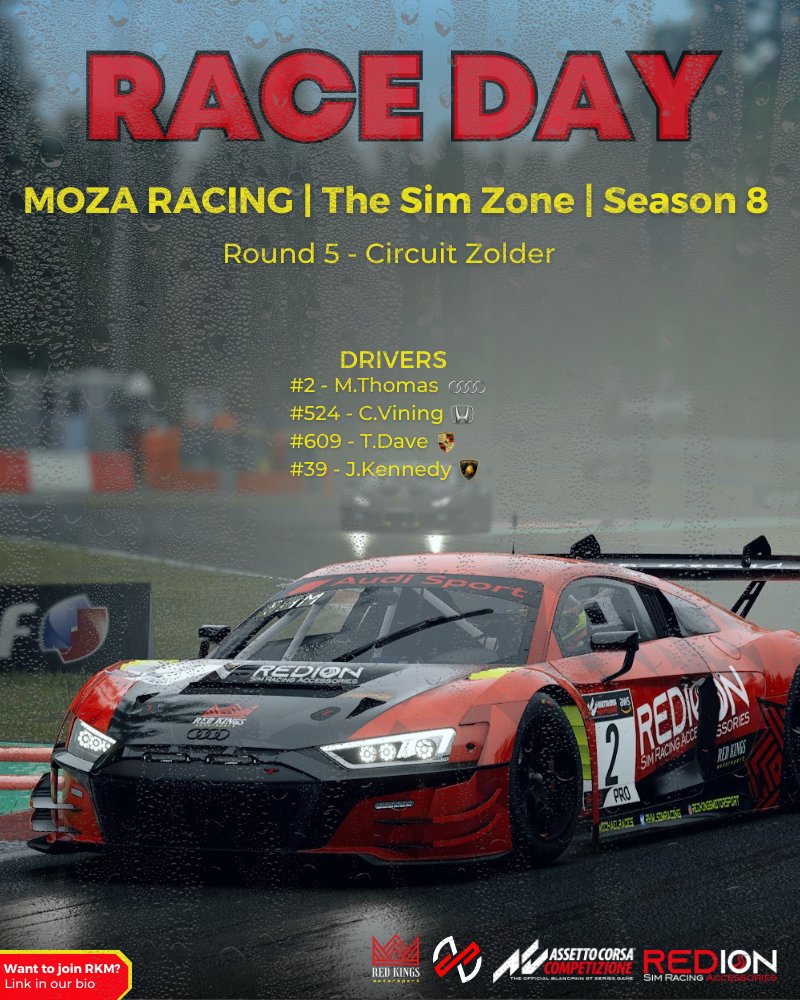 RKM_Simracing's tweet photo. The Four Kings take on a wet Zolder tonight 🌧️🇧🇪
 #assettocorsacompetizione #moza #simzone https://t.co/apX0Q2OzK8