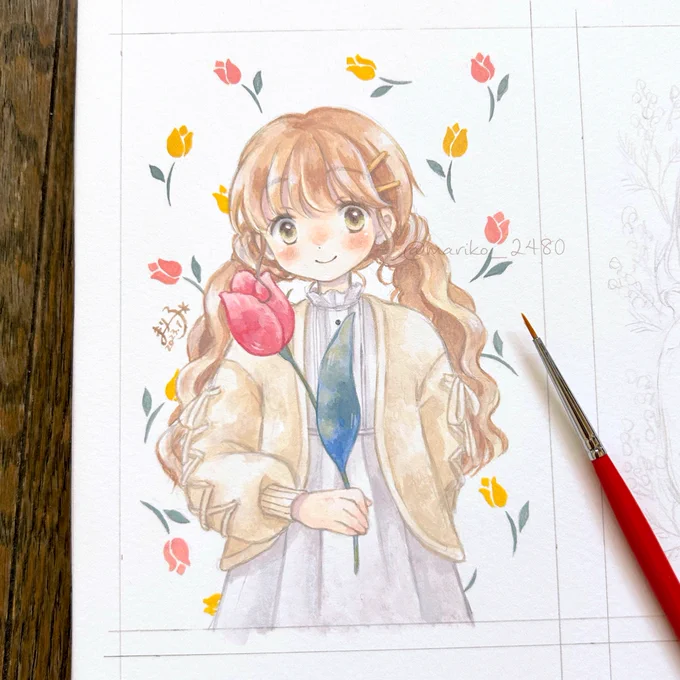 お花シリーズドローイング1枚目チューリップ完成したものからツリーに繋げていきます#ドローイングモール 