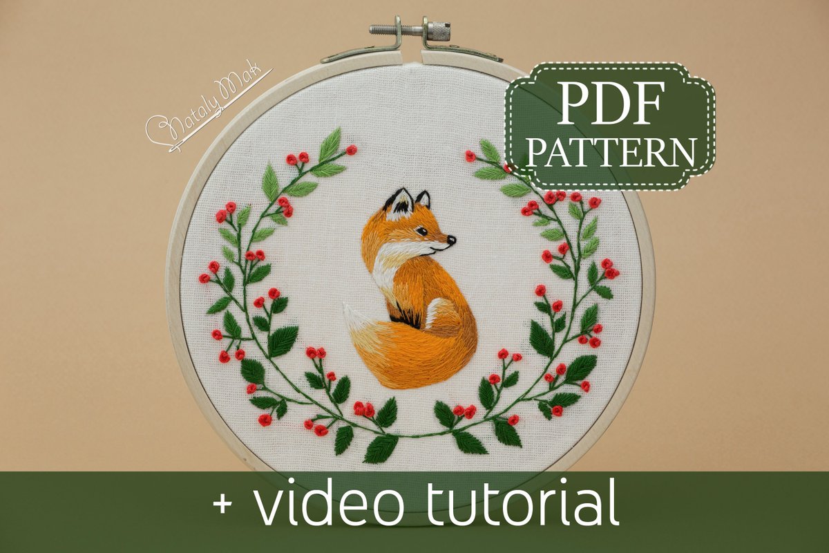 Spring fox embroidery pattern for beginner. Hand embroidered hoop art PDF pattern + video tutorial etsy.me/3Iwecx9 #embroidery #embroiderypattern #embroiderypdf #pdfpattern #embroideryart #beginnerembroidery #embroideryhoopart #videotutorial #handembroideredart