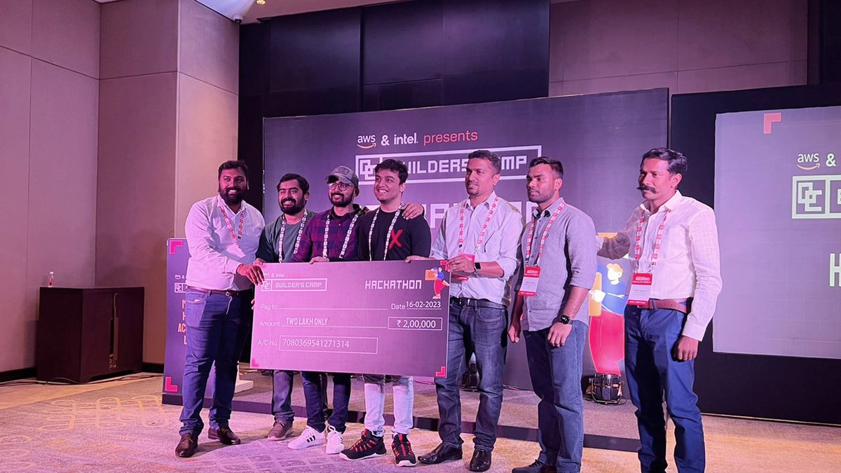 BuildersCamp's tweet photo. A huge congratulations to Team 1 on their victory! For securing the 2nd place and a job well done, Team 15 and Team 10 for the Best API usage at BuildersCamp Hackathon, powered by Amazon Web Services (AWS) and Intel Corporation on Thursday, 16 February 2023 in Bengaluru. https://t.co/pjOaz7y1n4