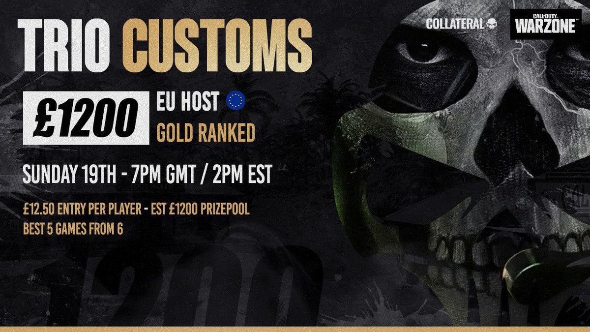 CollateralWZ's tweet photo. Dusting off the cobwebs, we are back baby!

Get signed up for our first custom on the new map, we have missed you all.

TRIO CUSTOMS
- 120 players
- Gold ranked 
- £12.50 per player
- EU host

Sign up: https://t.co/GktYciNphz https://t.co/ooPIf1kJI5