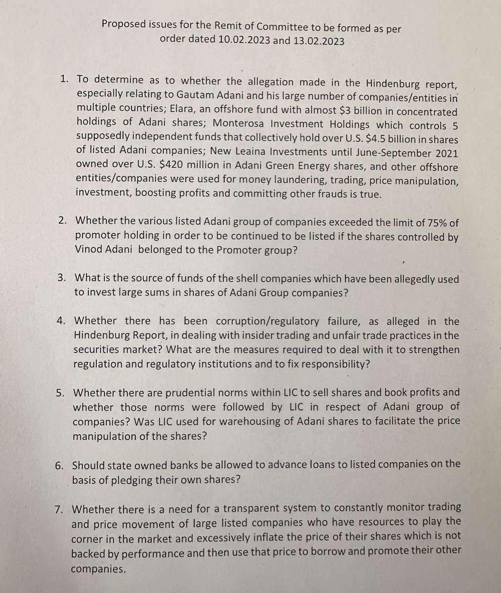 pbhushan1's tweet photo. My proposal to SC for terms of reference for committee to look into Adani scam exposed by Hindenburg. The Govt wants a committee with Home Secy &amp; Director ED! That would not have any credibility&amp; doesn't need the approval of the SC. Court must appt judges of impeccable reputation https://t.co/1tBDwvLGnG
