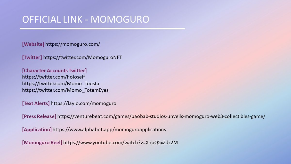 🔗Official links

[Momoguro]
Website: momoguro.com
Twitter: x.com/MomoguroNFT
Discord:discord.gg/momoguro

[Baobab Studios]
Website baobabstudios.com
Twitter x.com/baobabstudios