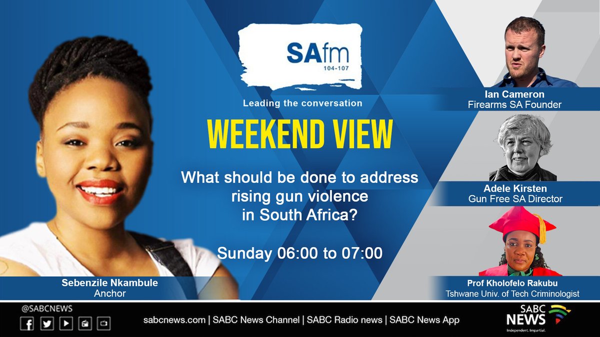 RestingUser1's tweet image. [COMING UP] This week on the #SundayDiscussion , #TheWeekendView anchor @SebeNkambule hosts a panel of guests on the rise in gun violence in the country and what can be done to stop the bloodshed.

Join the conversation:

☎️086 000 2032 

📱40938

📲 082 692 3909

#SABCNews