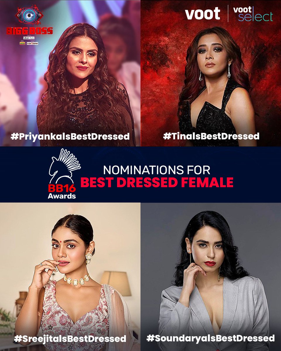 #BB16Awards
Who was the fashionista of the #BiggBoss16 house?

Cast your vote by commenting their unique hashtags👇🏻

#PriyankaIsTheBestDressed
#TinaIsTheBestDressed
#SreejitaIsTheBestDressed
#SoundaryaIsTheBestDressed

#BiggBoss #BiggBossOnVootSelect