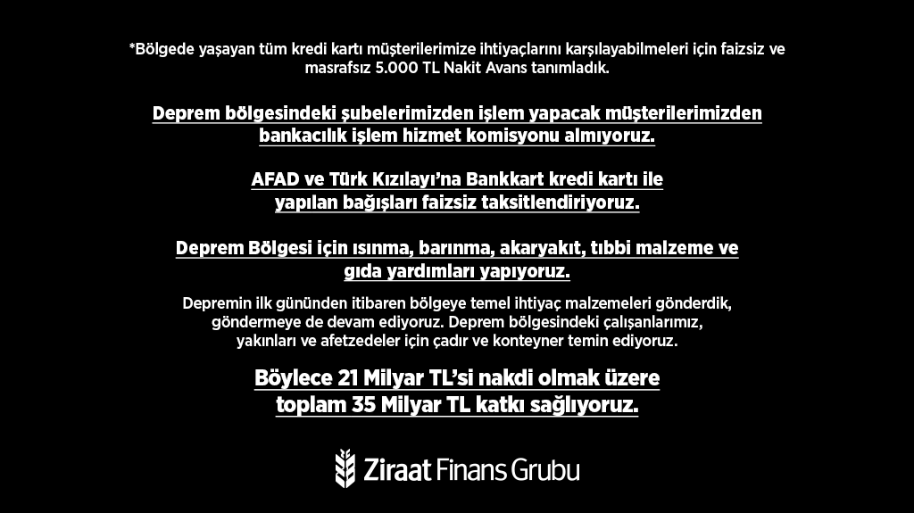 Bir Bankadan Daha Fazlası olmanın gereğini yerine getiriyoruz.
Afetzede vatandaşlarımız için sağladığımız yardım ve destek paketlerimizi Milletimizin bilgisine sunuyoruz. #TürkiyeTekYürek