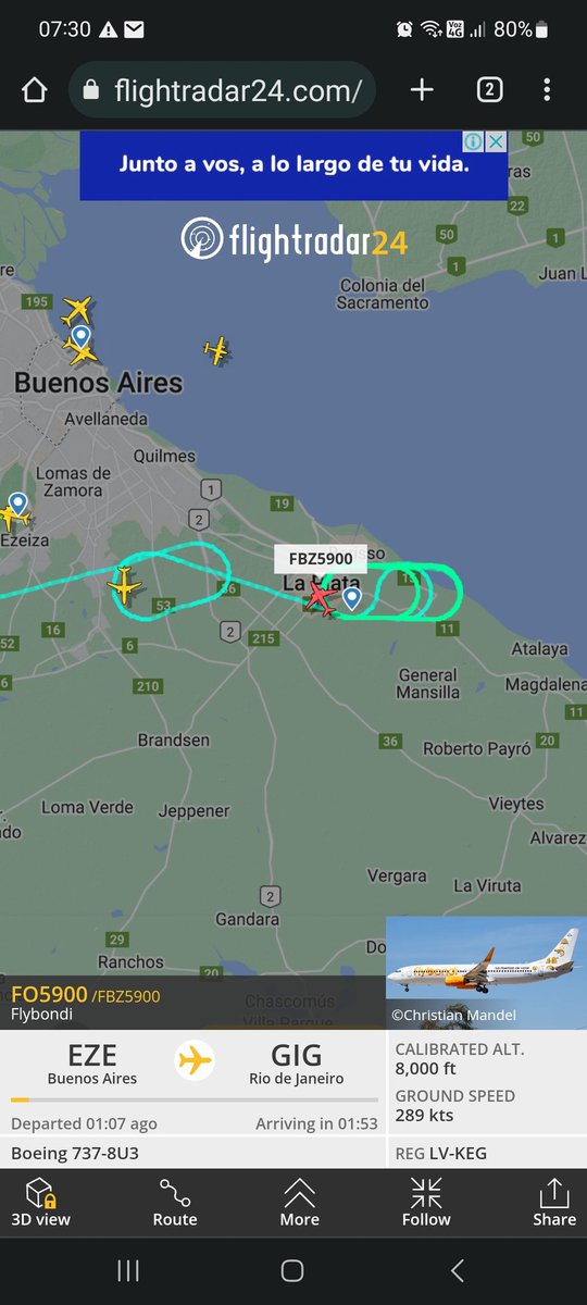 daniel_digiano's tweet photo. Buen día, sobre la ciudad de La Plata un vuelo de Flybondi (FBZ5900 EZEIZA -RIO DE JANEIRO) esta en espera ¿saben que emergencia tiene? https://t.co/aaTj4PWIiK