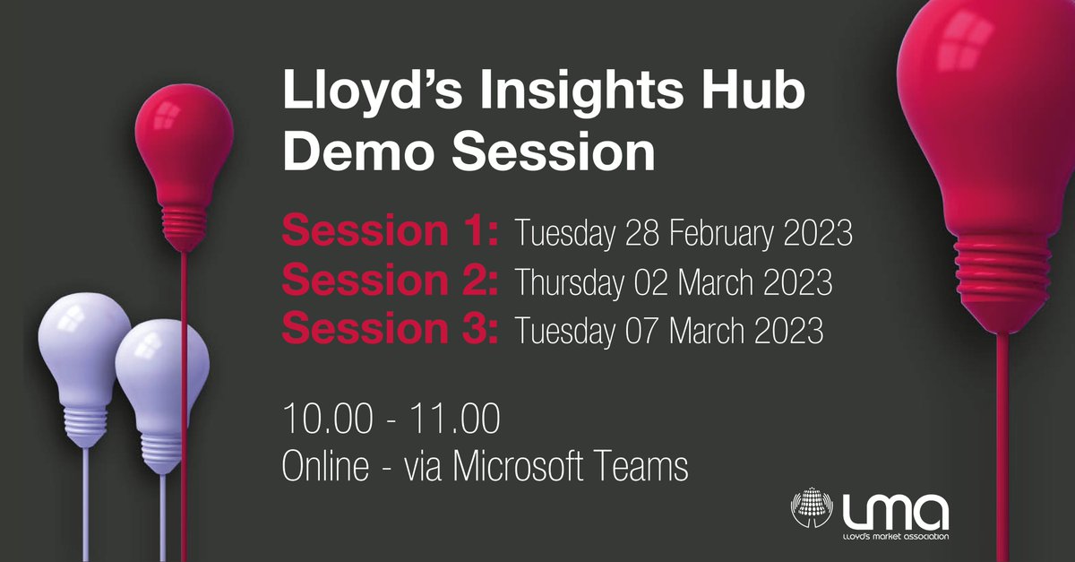 The LMA’s underwriting panels invite you to join a session with the <a href="/LloydsofLondon/">Lloyd's</a>  Analytics Team that will help you to discover the power of Lloyd's Insights Hub. 

Find out more and register here: lmalloyds.com/LMA/Events/LMA…