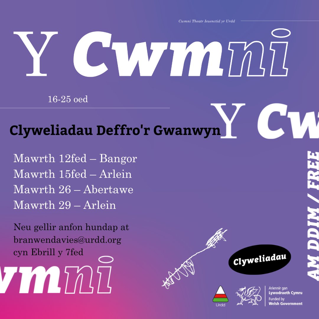 Clyweliadau Deffro'r Gwanwyn⭐️

Eisiau bod yn rhan o sioe Cwmni Theatr Ieuentid yr Urdd eleni? 

Clyweliadau:

Mawrth 12fed – Pontio, Bangor
Mawrth 15fed – Arlein
Mawrth 26 – Volcano, Abertawe 
Mawrth 29 – Arlein 

Cofrestra am glyweliad yma! 👇

bit.ly/clyweliad