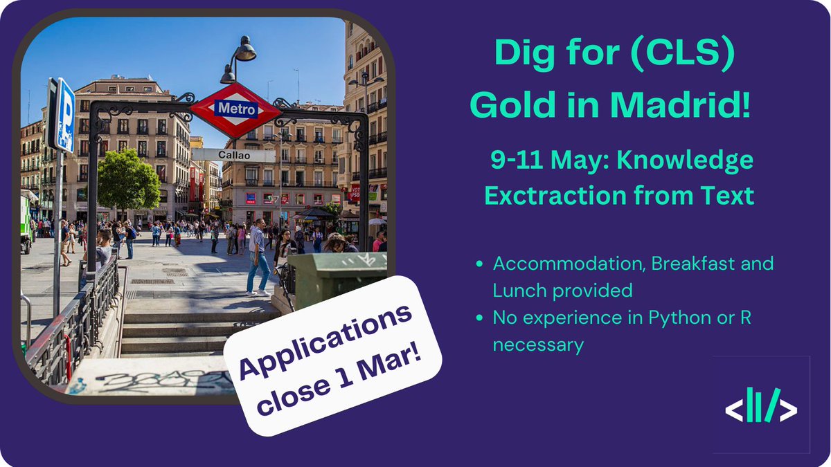🔔🔔Have you applied yet? Want to explore new tools and techniques to analyse your literary texts? CLS INFRA &amp; <a href="/UNED/">UNED</a> in Madrid is a 3-day training gold mine! 9-11 May. Accommodation, breakfast and lunch provided. Remote also available. 💻🇪🇸#CLStraining #DH clsinfra.io/events/trainin…
