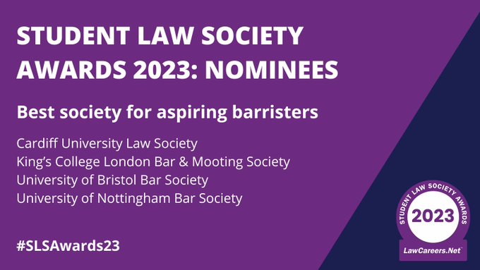 LawCareers.Net (@lawcareersnetuk) on Twitter photo Who's excited for the Student Law Society Awards? Here's a reminder of your nominees...
The nominees for 'Best society for aspiring barristers' are:
⭐️<a href="/CULawSoc/">Cardiff University Law Society</a>
⭐️<a href="/kclbms/">KCLBMS</a>
⭐️<a href="/BristolBarSoc/">Bristol Bar Society</a>
⭐️<a href="/UoN_Bar_Society/">UoN Bar Society</a>
#SLSAwards23 Who's excited for the Student Law Society Awards? Here's a reminder of your nominees...
The nominees for 'Best society for aspiring barristers' are:
⭐️<a href="/CULawSoc/">Cardiff University Law Society</a>
⭐️<a href="/kclbms/">KCLBMS</a>
⭐️<a href="/BristolBarSoc/">Bristol Bar Society</a>
⭐️<a href="/UoN_Bar_Society/">UoN Bar Society</a>
#SLSAwards23