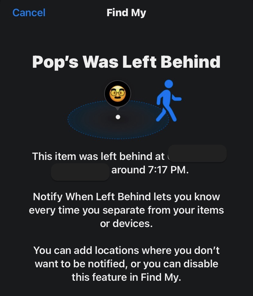 GTroySimpson's tweet photo. Thanks to #AirTag, I can now locate my dad, even though he's not tech-savvy enough to own a cell phone. But every time I leave his house, I get notified that I left him behind. 🙄 #LostDad #AppleTech #FindMyAirTag #NeverLoseAnythingAgain #Apple #Tech https://t.co/S41BLQ8Omm