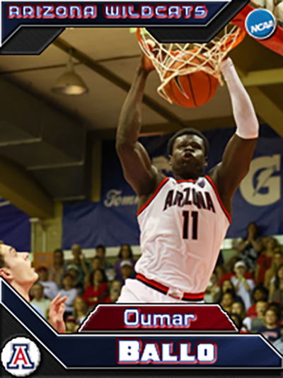 SilverSwoop's tweet photo. @UofABasketball @NCAA @NcaaBasketbalI
  Been practising my UI/2D art skills so made a card for 1 player on each of the teams I think will make the Final 4. Arizona and Oumar Ballo are my #4 Pick. https://t.co/GZZ4uHmVzr