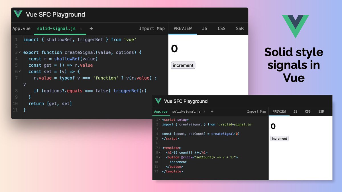 Mokkapps's tweet image. 😮 Evan You (@youyuxi) built solid style signals in @vuejs in ~10 lines:
sfc.vuejs.org/#eNp9UsFu2zAM/…