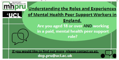 MentalHealthPRU's tweet image. New research study exploring #MentalHealth Peer Support Workers experiences and roles in England. Now recruiting for this interview study. For more info email dop.pru@ucl.ac.uk #PeerSupport #LivedExperience