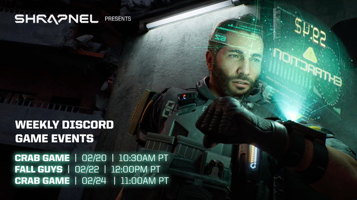 playSHRAPNEL's tweet photo. Back at it again with another week of gaming, with prizes up for grabs! 

➡️ Crab Game | 02/20
➡️ Fall Guys | 02/22
➡️ Crab Game | 02/24

See you in Discord: https://t.co/D6B9dvqRvJ https://t.co/mcihfk28vY