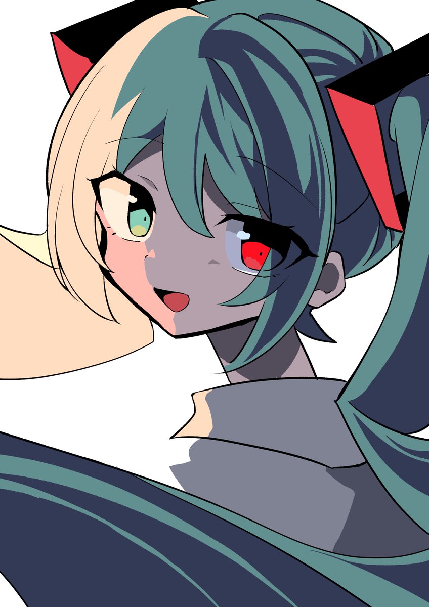 hatsune miku 1girl solo twintails long hair red eyes heterochromia white background  illustration images