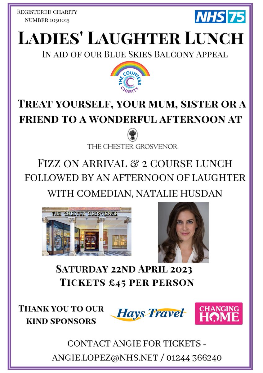COCHfundraising's tweet image. Champagne, good food and laughter with friends - what could be better? Join us on Saturday 22nd April from 12 noon at @TheGrosvenor for our 5th Ladies' Laughter Lunch. Kindly sponsored by @HaysTravel &amp;amp; @Changinghome Entertainment by fabulous comedian, @NatalieHusdan