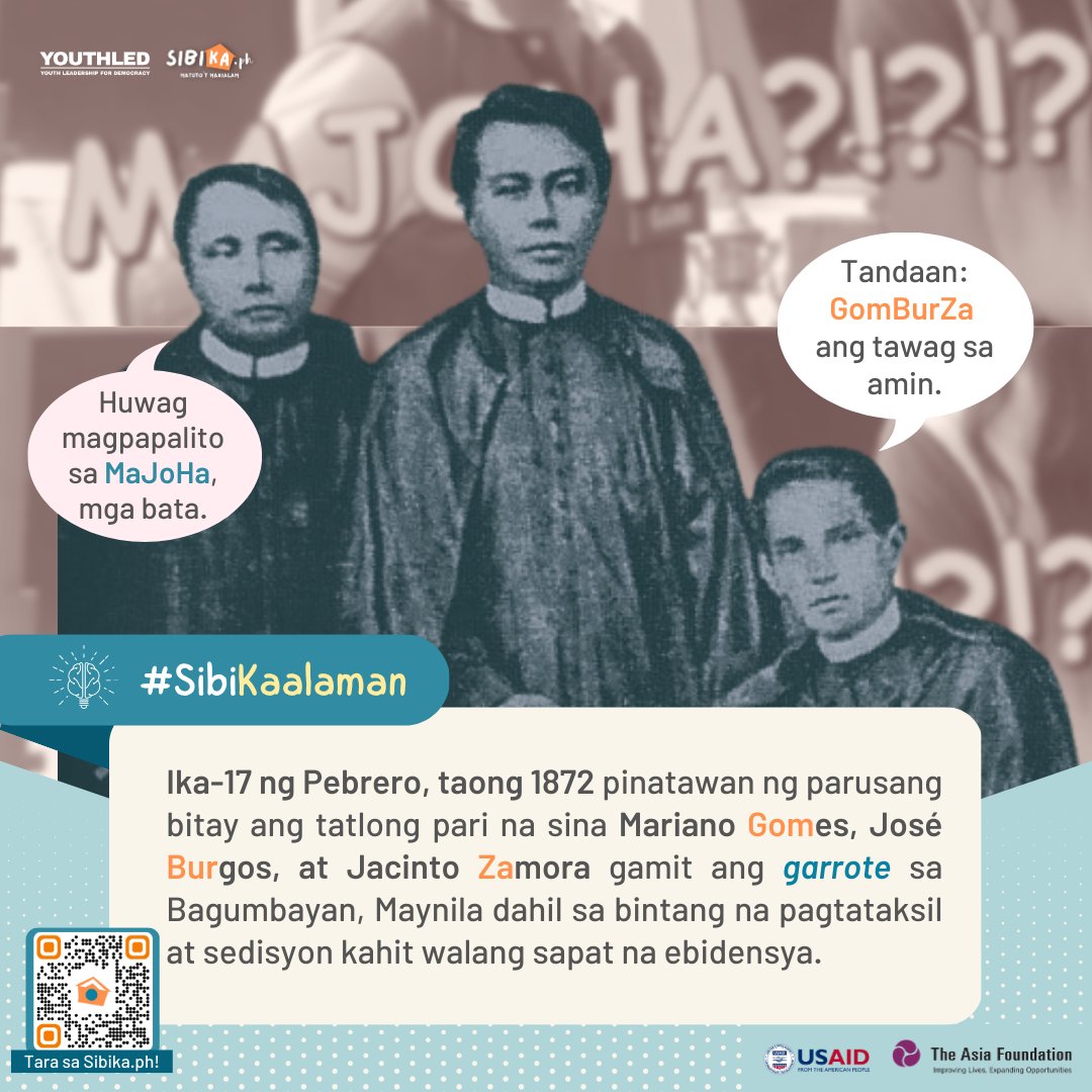 SibikaPH_'s tweet photo. Ngayon ang ika-151 anibersaryo ng pagkamartir at kabayanihan ng mga Katolikong pari na sina Mariano Gomes, José Burgos, at Jacinto Zamora, na kinilala bilang tagapagtaguyod ng sekularisasyon sa bansa.
#MaJoHa #GomBurZa #History https://t.co/aSIqWU06Ez