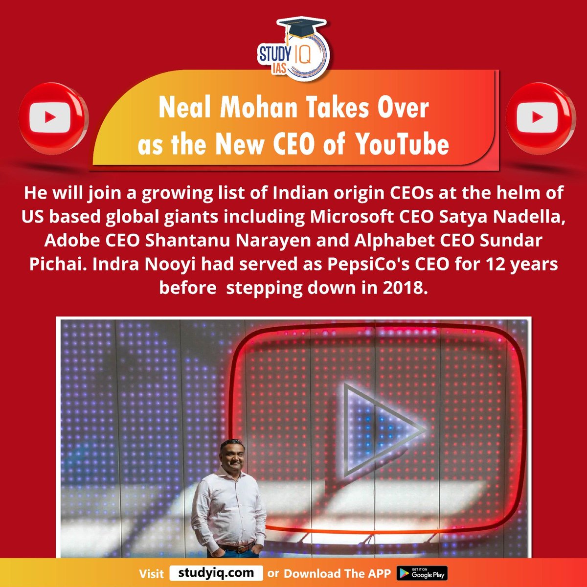 upsciq's tweet photo. Neal Mohan Takes Over As The New CEO of YouTube

#nealmohan #newceoofyoutube #youtubenewceo #indianamerican #ceoofyoutube #susanwojcicki #indianoriginceo #us #microsoftceo #satyanadella #adobeceo #shantanunarayen #alphabetceo #sundarpichai #indranooyi #pepsicoceo #youtube https://t.co/Gr2MQ84bq0