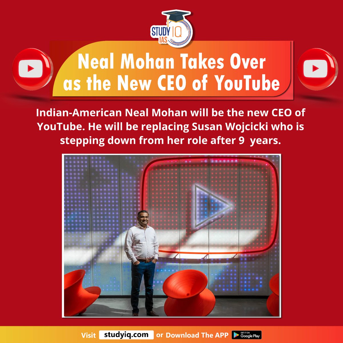 upsciq's tweet photo. Neal Mohan Takes Over As The New CEO of YouTube

#nealmohan #newceoofyoutube #youtubenewceo #indianamerican #ceoofyoutube #susanwojcicki #indianoriginceo #us #microsoftceo #satyanadella #adobeceo #shantanunarayen #alphabetceo #sundarpichai #indranooyi #pepsicoceo #youtube https://t.co/Gr2MQ84bq0