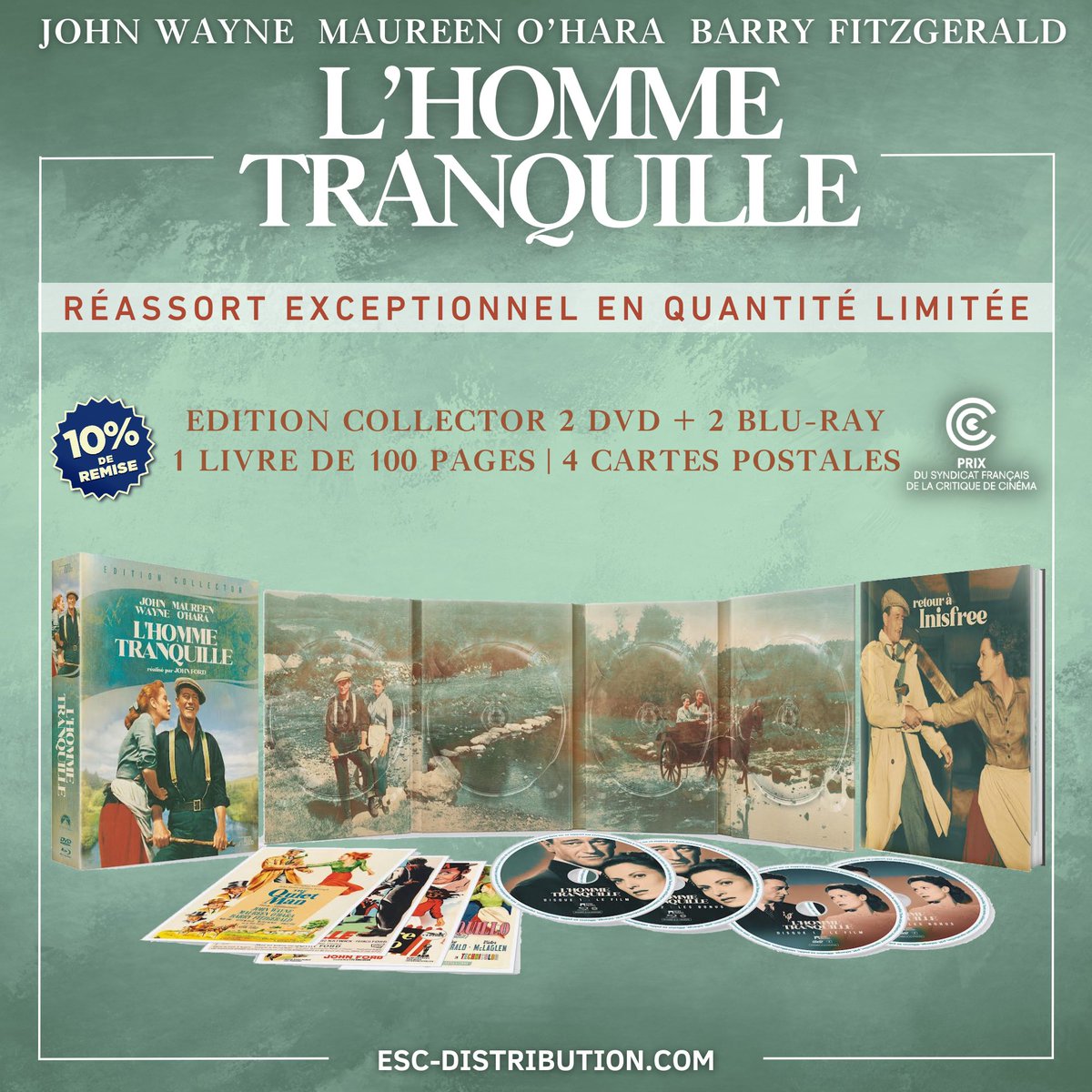 ESC_Films_'s tweet image. 🥊 REASSORT EXCEPTIONNEL - A l'occasion du #PrixDeLaCritique, nous faisons un réassort en quantité TRÉS LIMITÉE du combo de L'HOMME TRANQUILLE
👉 Bénéficiez d'une réduction de 10% (réassort prévu pour le 14/03) : bit.ly/LHOMMETRANQUIL… 

#LHommeTranquille #TheQuietMan #JohnFORD
