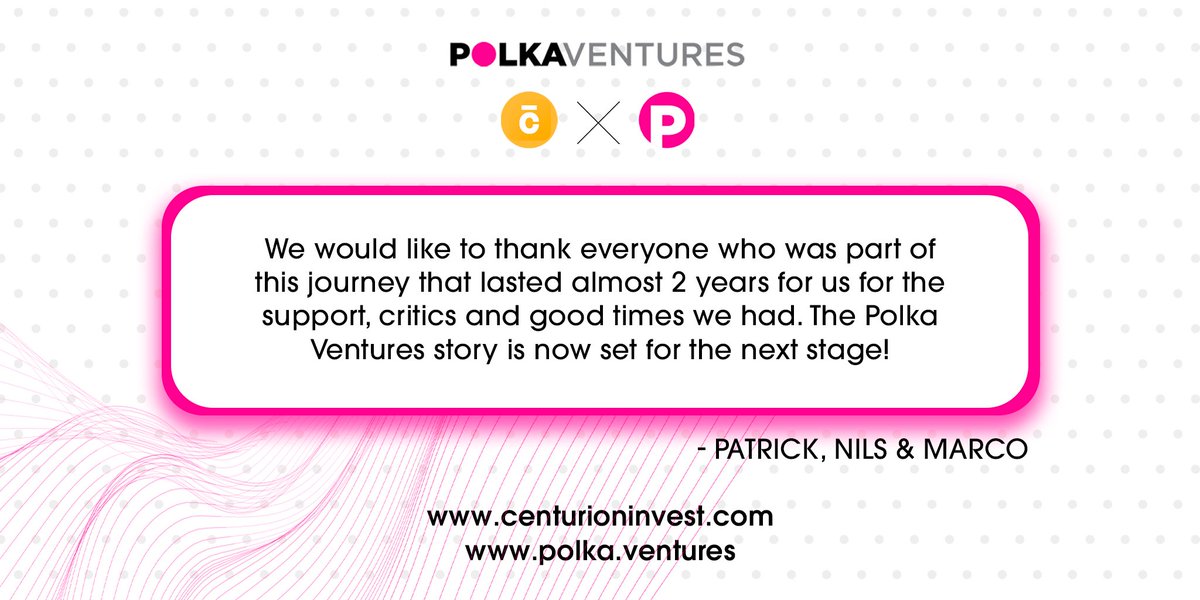 PolkaVentures's tweet photo. We would like to thank everyone who was part of this journey that lasted almost 2 years for us for the support, critics and good times we had. The Polka Ventures story is now set for the next stage!
Patrick, Nils & Marco
#polkaventures #POLVEN #token #blockchain #investment https://t.co/QKMSx4ns91