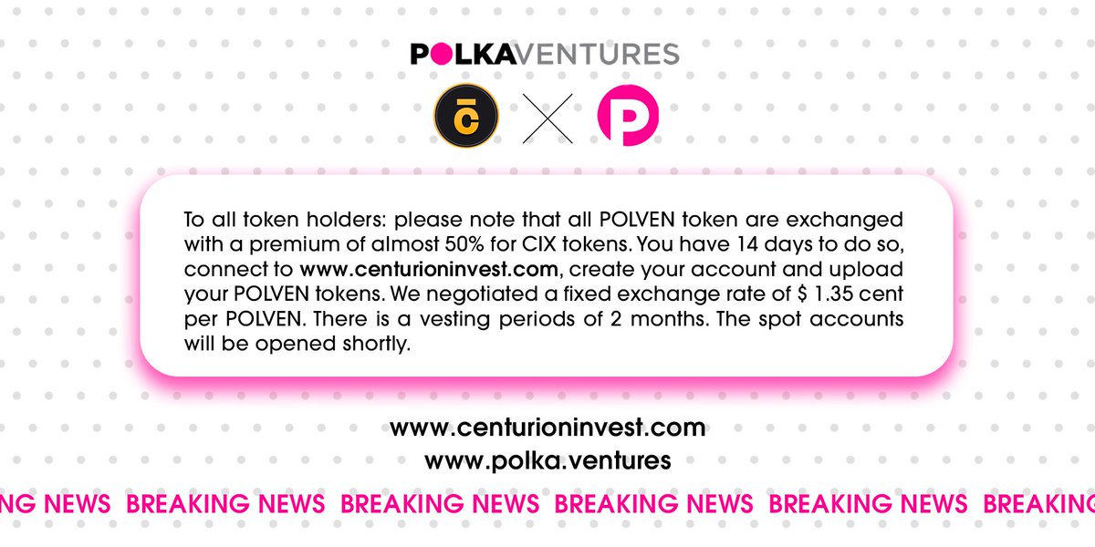 PolkaVentures's tweet photo. 🔥To all token holders:
Please note that all POLVEN token are exchanged with a premium of almost 50% for CIX tokens.
You have 14 days to do so, connect to https://t.co/wpuER9pIaJ , create your account and upload your POLVEN tokens.
#CIX #POLVEN #token #blockchain #investment https://t.co/TohsLHhszM