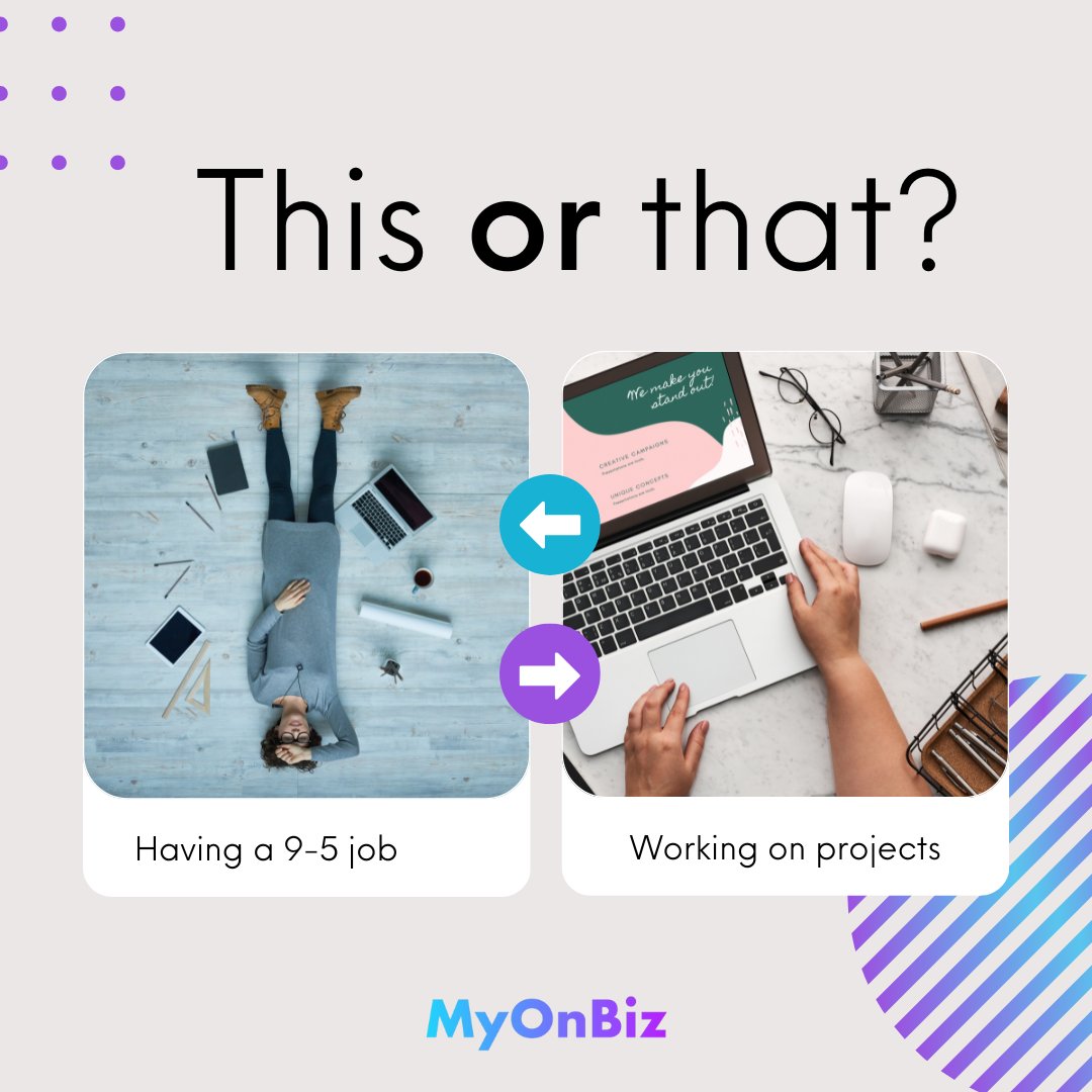 MyOnBiz's tweet photo. Working 9-5 or on individual projects? Which do you prefer? Working 9-5 provides structure &amp; a steady paycheck, but individual projects can be more rewarding and can help you develop skills and reach new heights. Let us know your thoughts! 

#MyOnBiz #RemoteJobs #JobHunting https://t.co/a8BjR43HGo