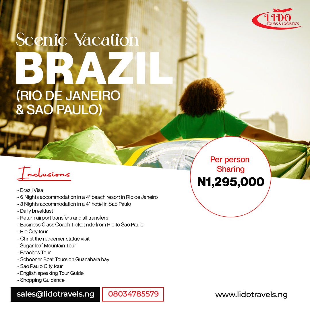 Lido_Travels's tweet photo. SCENIC VACATION
BRAZIL
(RIO DE JANEIRO &amp; SAO PAULO)
May 1st - May 11th 2023

PRICE: #1,295,000 per person sharing

#brazil #brazilian #travellerlife #travelagent #electioniscoming #getyourpvcnow https://t.co/DuBhPS7RGy