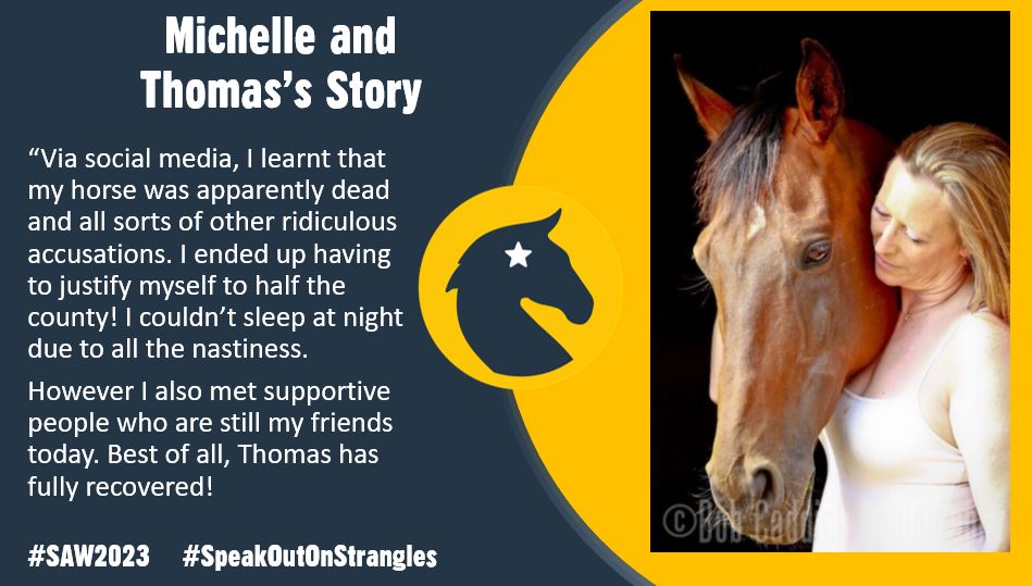 StranglesWeek's tweet image. We are honoured to have Michelle on the Strangles Awareness Week stand at the @HorsesInsideOut conference this weekend.

Michelle and her late horse, Tom, successfully came through a very difficult outbreak several years ago. 

#HotBeforeSnot #TempCheckChallenge #SAW2023