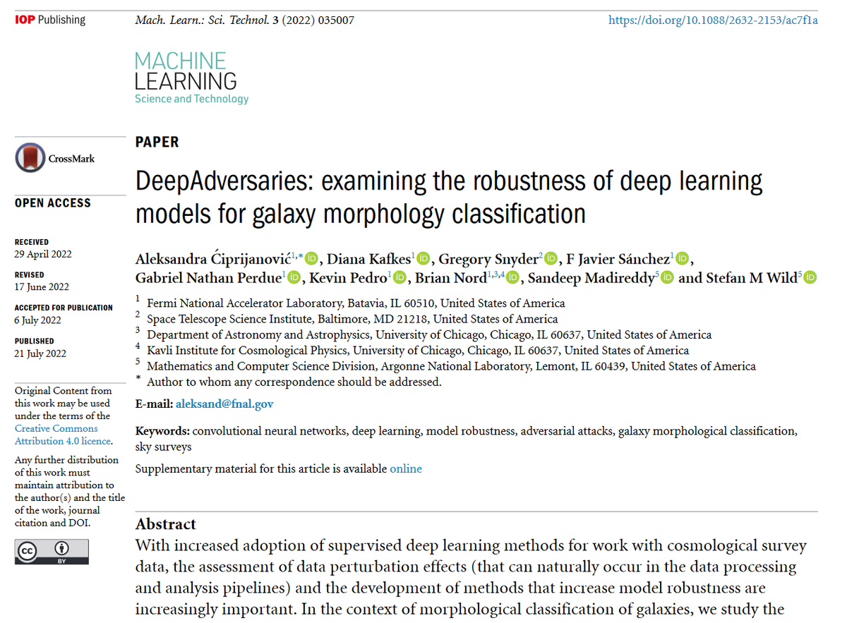 MLSTjournal's tweet photo. '#DeepAdversaries: examining the robustness of #deeplearning models for #galaxy morphology..' by @ACiprijanovic @iamstarnord @gnperdue et al @Fermilab @argonne @SpaceTelescope @UChicagoAstro hits 1000 downloads!https://t.co/HF4eKnn9IH #machinelearning #astrophysics #astronomy #AI https://t.co/mzbIBn9THh