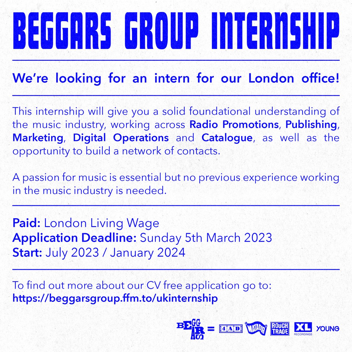 RoughTradeRecs's tweet photo. Beggars Group are looking for interns in London. Details below and apply at https://t.co/Lc6e8CYNpF https://t.co/HfENqLFqec