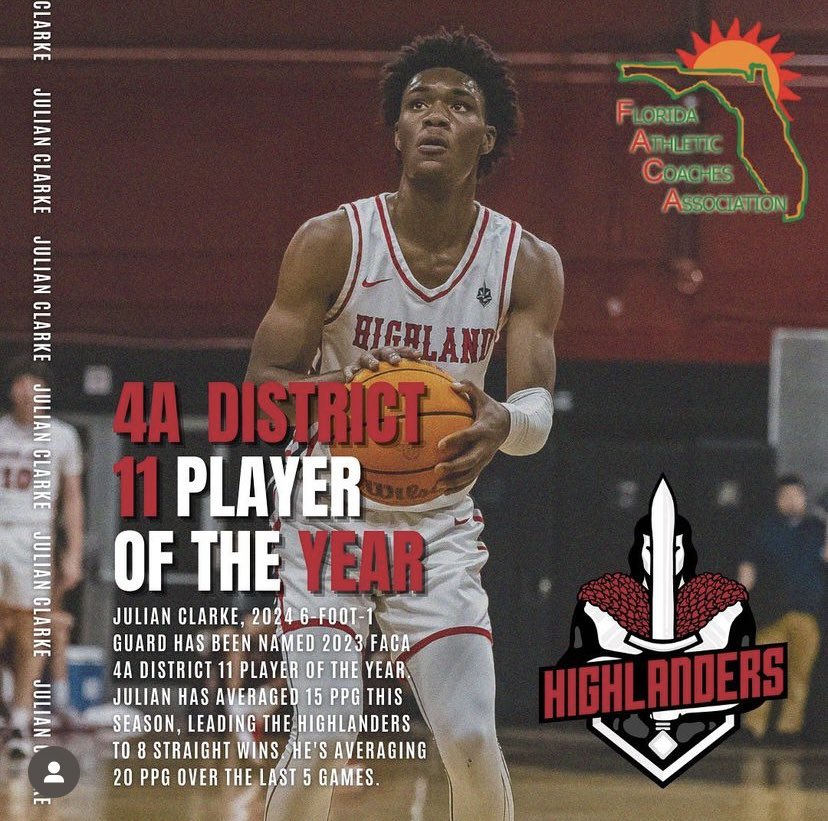 Congratulations to Julian Clarke on earning the FACA District 11 Class 4A Player of the Year! @lhpsbasketball @lhpsnews