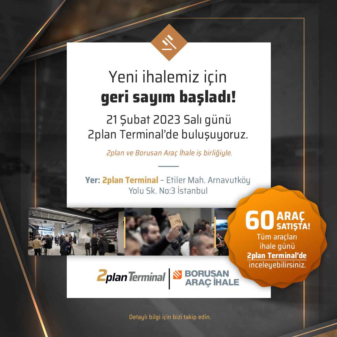 2plantr's tweet image. 2plan ve Borusan Araç İhale işbirliği ile düzenlediğimiz yeni ihalemiz 21 Şubat 2023, Salı günü, 2plan Terminal’de…

Tarih: 21 Şubat 2023
Saat: 13:00
Yer: 2plan Terminal - Etiler Mah. Arnavutköy Yolu Sk. No:3 İstanbul

#2plan #2planTerminal #borusanaraçi̇hale