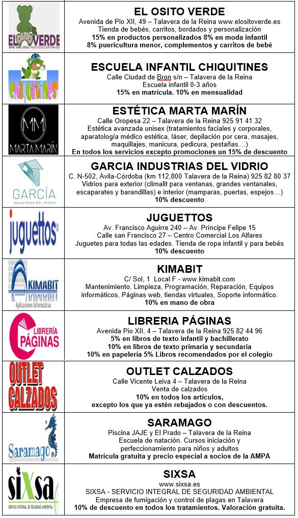 ampasalletala's tweet photo. Con tu carnet de la AMPA te puedes beneficiar de los descuentos que nos ofrecen nuestras empresas colaboradoras. Os adjuntamos un listado de empresas y descuentos para este año 2023. Si tienes una empresa y quieres colaborar mándanos un mail a ampa@lasalletalavera.es https://t.co/3xsKflBoa9